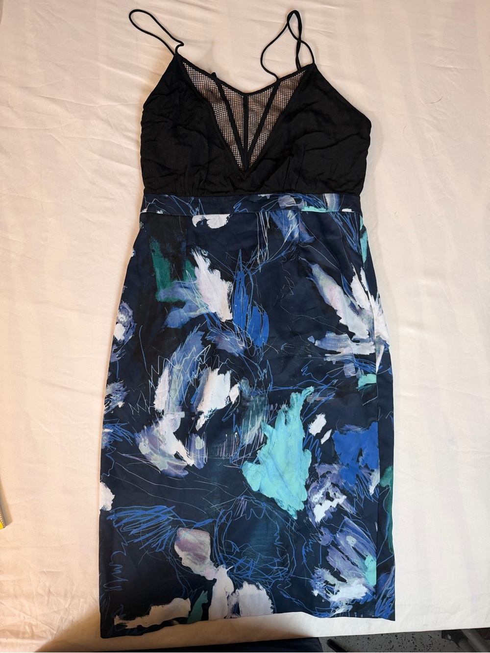 Chelsea28 Black Bodice Navy & Teal Abstract Midi Dress